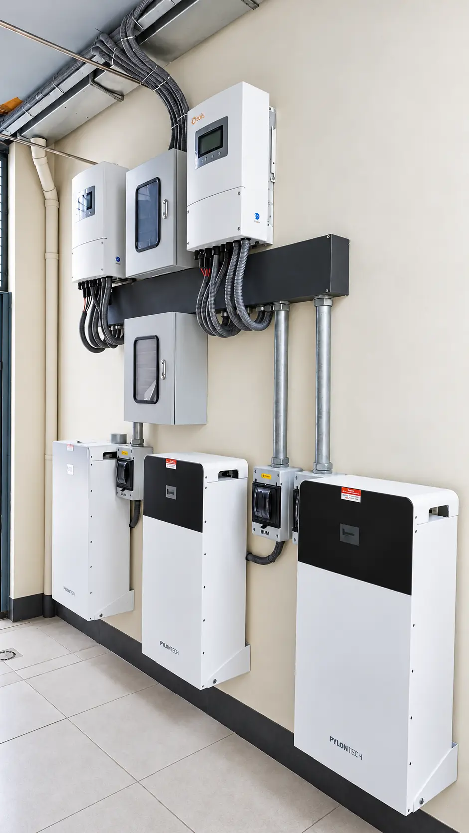 Actual Damar Village solar installation showing wall-mounted hybrid inverters, safety enclosures and three Pylontech battery cabinets