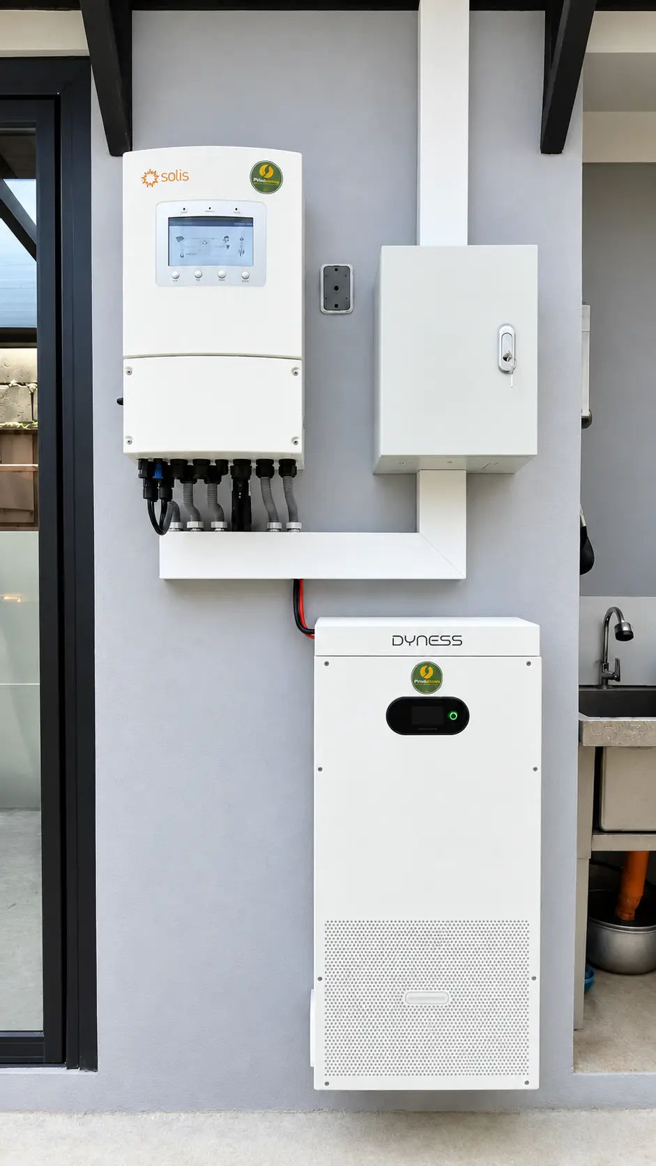 Solis hybrid inverter and Dyness battery installed on a gray residential exterior wall in Las Piñas