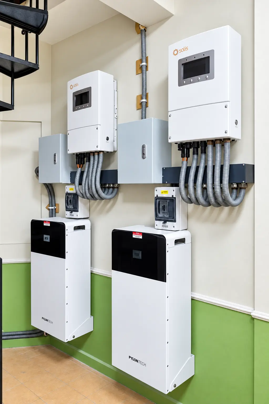 Two solar hybrid inverters with electrical conduits and battery cabinets installed in Quezon City